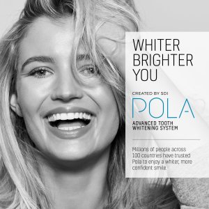 Image of a blonde girl smiling and the image contains text that says the following: Whiter Brighter You, POLA Advanced Tooth Whitening System, Millions of people across 100 countries have trusted Pola to enjoy a whiter, more confident smile
